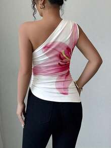 Blusa de punto con estampado de rayas y hombro asimétrico, nueva para el verano de mujer - Rojo y blanco - Ver 2