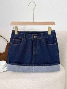 Falda vaquera casual de mujer con bolsillos, ropa de invierno para mujer, vestidos de mujer, falda navideña, ropa para Año Nuevo, falda de mezclilla corta y gruesa para otoño e invierno, falda de mezclilla casual de lavado oscuro, falda vaquer - Azul lavado oscuro - Ver 3