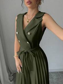 Mono elegante de mujer con diseño de doble botonadura y plisado en color albaricoque, para primavera y otoño - Verde - Ver 4
