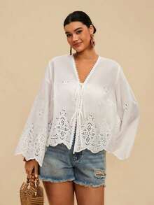 Camisa casual versátil de uso diario con estampado floral y nudo delantero para mujer de talla grande - Blanco - Ver 6