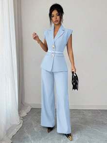 Conjunto de blazer de unicolor con decoración de hebilla metálica y bolsillo falso + pantalones rectos de cintura alta y sueltos, estilo vintage francés elegante para oficina, viajes, negocios, casual, citas, primavera/verano - Azul - Ver 6