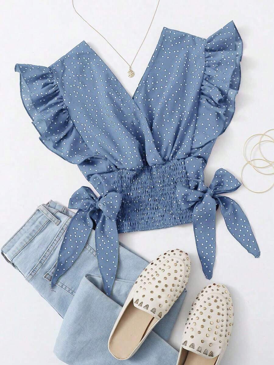 Top de lunares con nudo fruncido ribete fruncido - Azul - Ver 1