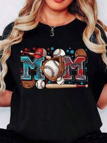 Cute Unisex Premium Casual T-Shirts, Mom Baseball T-Shirt With Graphic Design And Sports Elements For Mother's Day Or Game Day, 220g - Unisex, Suitable For Casual Daily Outings, Short Sleeve Summer T-Shirt, Retro Y2K Print T-Shirt - 黑色 - 查看 6
