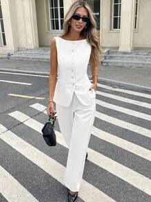 Set de 2 piezas para mujer con top sin mangas con botones delanteros lisos y pantalones largos, conjunto casual - Blanco - Ver 7