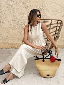 Frenchy Set de 2 piezas de Top sin mangas con cuello redondo y volantes en el dobladillo y pantalones para mujer, ideal para verano - Albaricoque - Ver 2