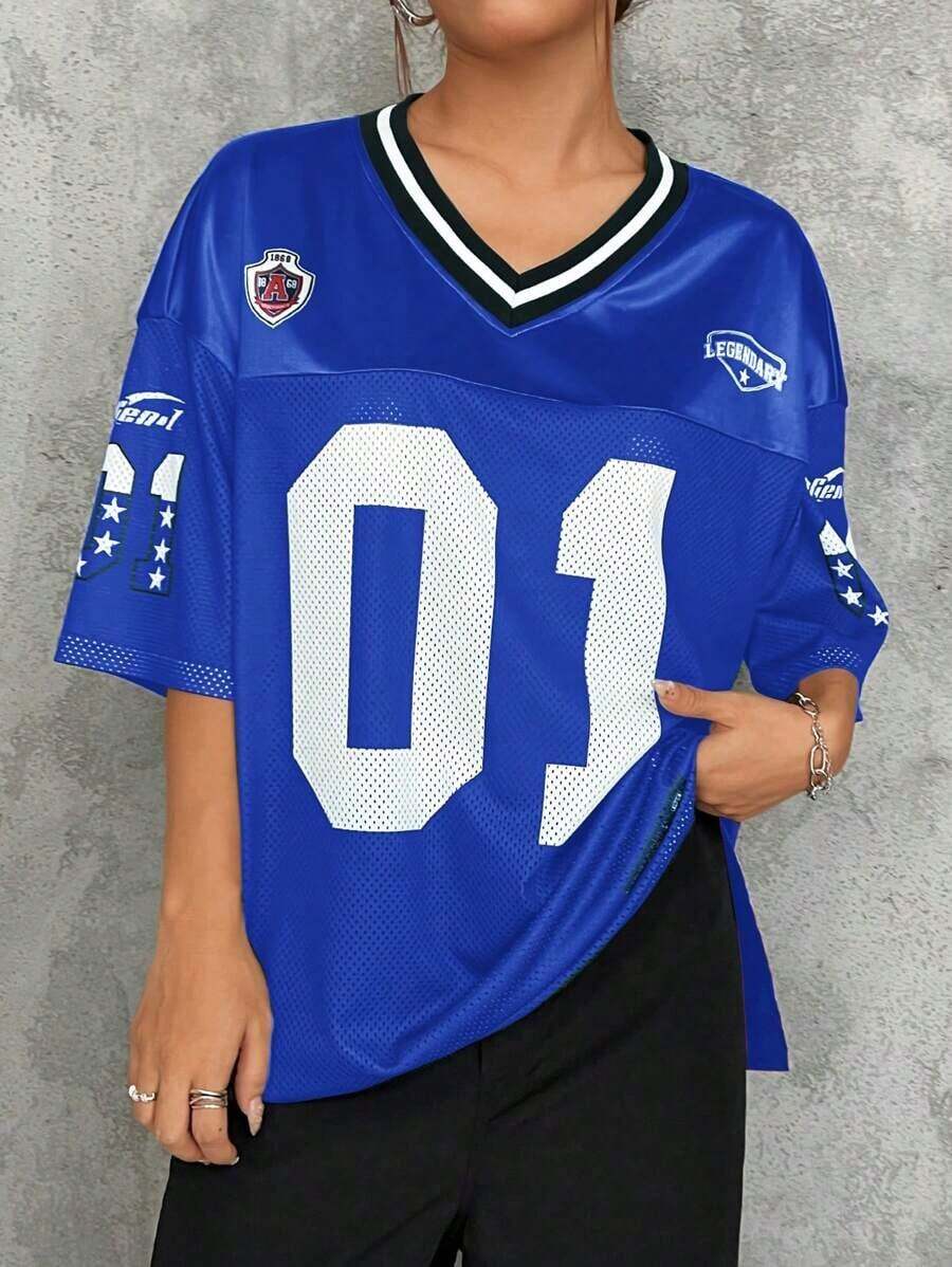 Camiseta casual de manga corta con cuello en V y estampado de letras para mujeres de talla grande - azul real - Ver 1
