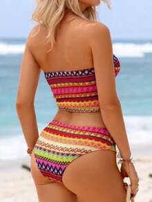 2 piezas Conjunto de bikini con camiseta de mujer, tela con textura a rayas de colores, decoración con flecos bohemios, estilo de resort de playa, adecuado para piscina y playa - Multicolor 2 - Ver 2