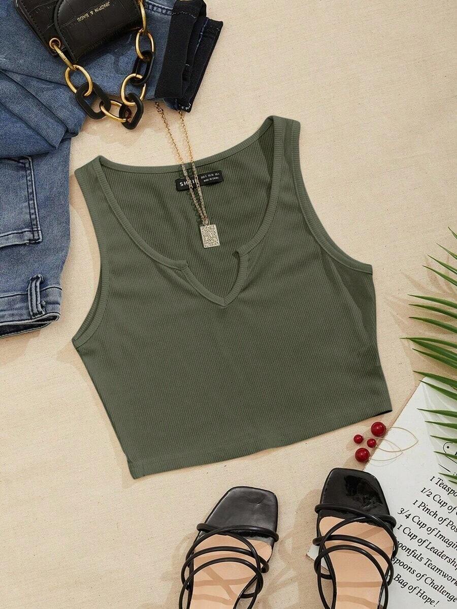 Top corto de punto acanalado de unicolor minimalista para uso casual y de oficina para mujer - Verde militar - Ver 1