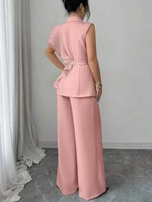 Traje formal elegante de mujer color albaricoque, conjunto de blazer con cuello de volantes de organza con lentejuelas y cintura con lazo, que incluye chaqueta sin mangas y pantalones rectos, color burdeos, adecuado para Halloween, Navidad, - Rosa Pálido - Ver 2
