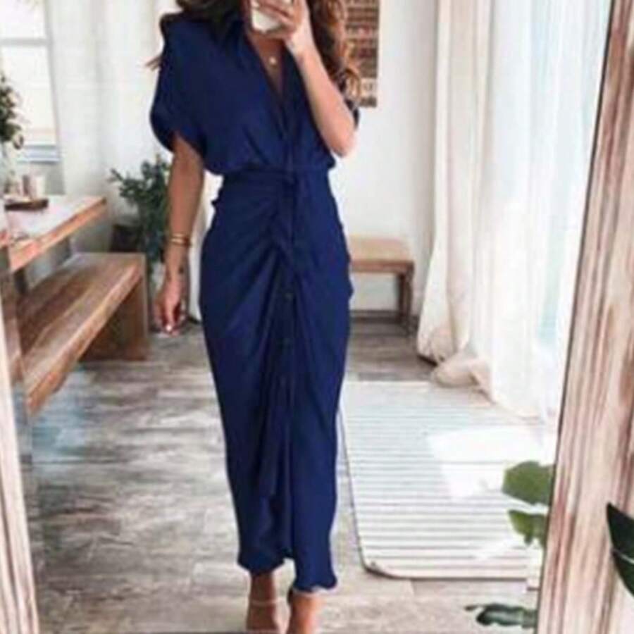 Elegant Women's Spring Shirt Dress, Sensual Print, With Adjustable Ties, Refined Style - 藍色 - 查看 1