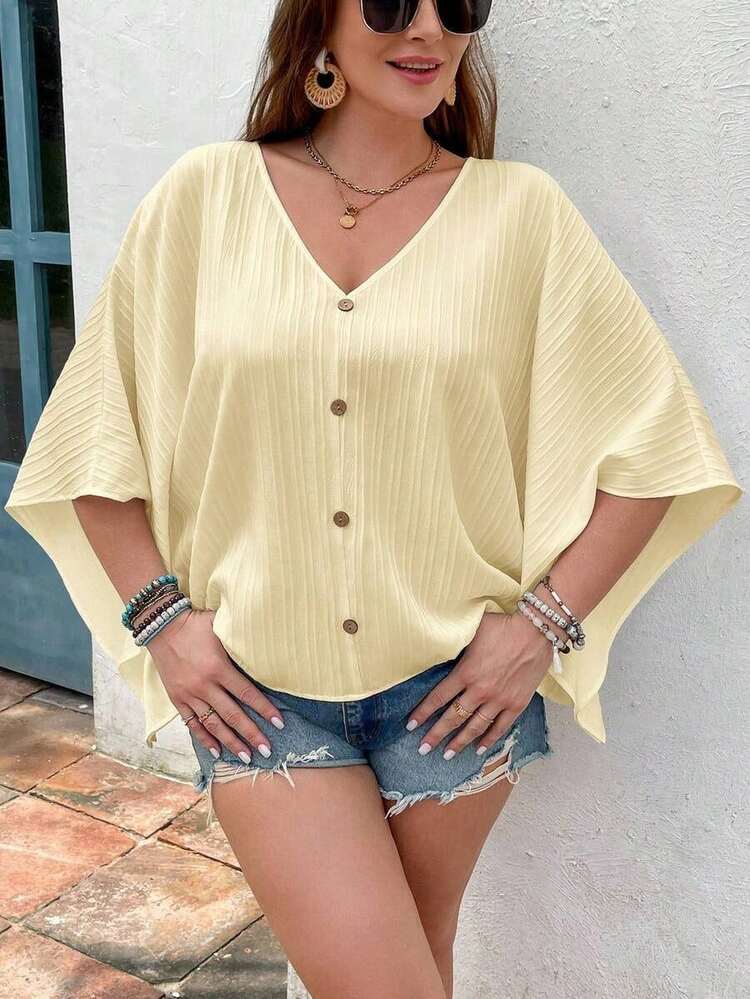 Blusa de manga de murciélago con cuello en V y textura para tallas grandes - Amarillo claro - Añade 5