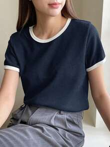 Camiseta básica de mujer de manga corta y cuello redondo, color liso, top de verano - Azul marino - Ver 3