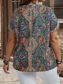 Camisa de manga corta con botones y estampado de estilo bohemio para mujer de talla grande, para primavera y verano - Multicolor 2 - Ver 2