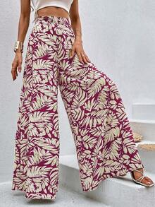 Pantalones de pierna ancha con estampado tropical - Burdeos - Ver 5