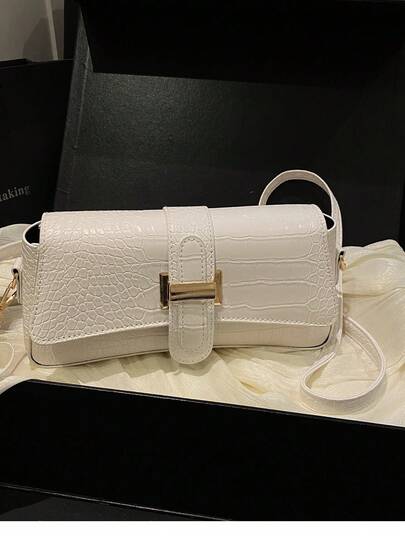 1pc White Crocodile Embossed Flap Closure Shoulder Bag, Women Casual Crossbody Baguette Bag, Elegant Accessory Wallet