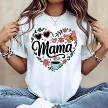 Camiseta de algodón con estampado de corazón, flor, mariposa y "Coffee Mama", blanca, de cuello redondo, informal, suave y cómoda, para mujer, regalo para el Día de la Madre, atuendo diario, camisa casual y linda, todas las tallas S-3XL. - Blanco - Ver 1