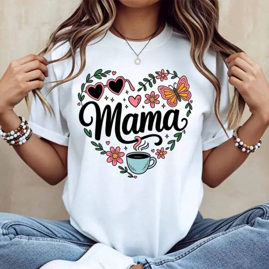 Camiseta de algodón con estampado de corazón, flor, mariposa y "Coffee Mama", blanca, de cuello redondo, informal, suave y cómoda, para mujer, regalo para el Día de la Madre, atuendo diario, camisa casual y linda, todas las tallas S-3XL. - Blanco - Ver 1