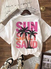 Parte Superior Casual de Mujer Impresa por Ambos Lados, Adecuada para Primavera y Verano, Adoptando un Diseño de Estilo Fresco, Camiseta de Manga Corta de unicolor con Cuello Redondo Impresa con Palmera y Texto "SOL SAL ARENA", Ropa de Vacaciones Blanca - Blanco - Ver 3
