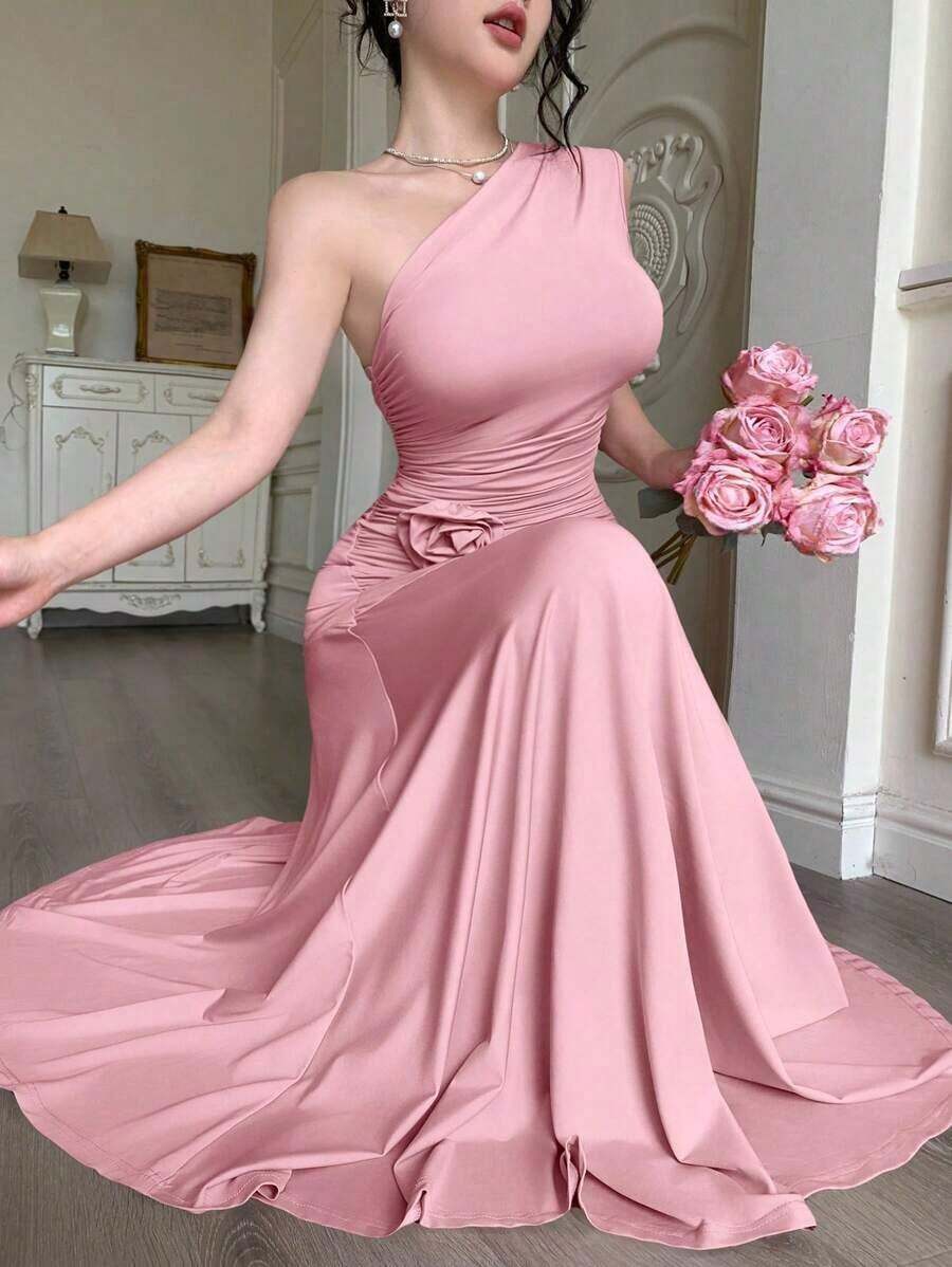 YHHModelyn 1 pieza Vestido de mujer sin mangas con pliegues y ajuste ceñido, de unicolorYHH - Rosa - Ver 1