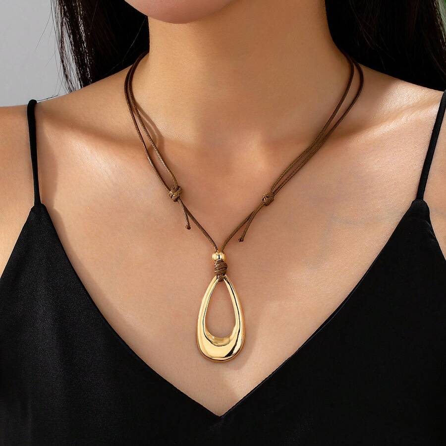 Niche Design Hollow Water Drop Pendant Rope Chain Necklace For Women, Minimalist Adjustable Wax Cord Neck Accessory - Gold - View 1