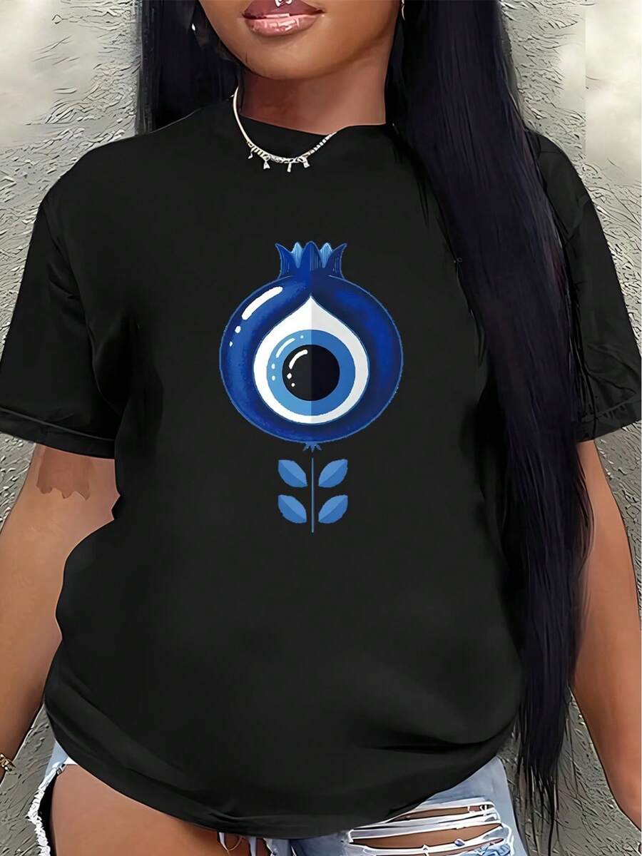 Camiseta de manga corta de poliéster, decorada con un patrón de ojo turco azul, ligera y duradera, adecuada para uso casual en casa o en restaurantes, cómoda y ajustada para el uso diario.women's shirts - Negro - Ver 1