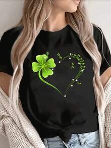 Lightweight And Durable Short-Sleeved T-Shirt With A Heart And Four-Leaf Clover Design, Perfect For Lounging At Home, Restaurants, Or Outdoor Activities. Elegant Party Outfit, Stylish Ladies' T-Shirt, Blouse Suitable For Curvy Women, Prom Skirts, Casual Wear. Adorable Animal Print, Fun Letter Print. - 黑色 - 查看 7