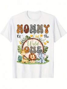1 Piece Cotton T-Shirt For Boys, "Mommy Oh Wild One" Design For First Birthday, Animal Print, Suitable For All Seasons, Round Neck, Short Sleeve, 180g, 100% Cotton, All Designs Are Printed. Unisex. - 黑色94 - 查看 6