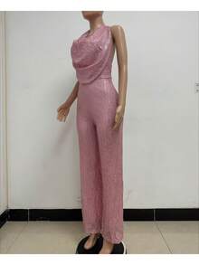 Monochromatic Gold Sequined Dress, Deep V-Neck Halter Neckline, Sleeveless Wide-Leg Design, Stretchy Shimmering Fabric Ideal For Evening Parties, Festive Events And Winter, Glamorous Sexy Style Perfect For Elegant Dinners And Celebrations - 粉紅金色 - 查看 3
