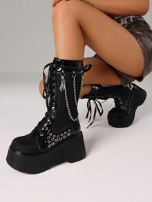 Women's Y2K Goth Cosplay Combat Boots Fashion Stylish Punk Rivet Buckle Platform Wedges High Heels Lace-Up Zip Mid Calf Boots - Đen A - Xem 6