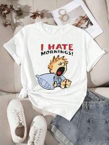 Tops de mujer, camisetas gráficas, camisetas casuales de algodón con estampados divertidos para mujer, otoño, tela premium, corte relajado, casual, transpirable, tops de verano de algodón, playeras de mujer de algodón. - Blanco - Ver 3