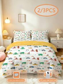 2/3pcs Cute Cartoon Car Pattern Children's Bedding Set (Spring/Summer Series) Double-Sided Printed Duvet Cover Set Suitable For Children, Teens, Boys And Girls, All Season Use, Zipper Closure (Filling Not Included), Pillowcase Size 50x75cm, 100% Polyester Fiber - Multicolor - View 7