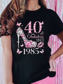 Women's 1985 Birthday Graphic T-Shirt - "Still Beautiful At 40" Design, Casual Crew Neck, Short Sleeve, Lightweight Polyester, Spring/Summer Celebration Essential, Women's T-Shirt - Basic And Versatile - 黑色 - 查看 5