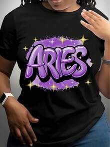 Camiseta Deportiva Casual para Mujer de Cuello Redondo Negra con Brillante Texto ARIES en Púrpura - Camiseta Elástica, Lavable aáquina, Ajuste Cómodo, para Todas las Estaciones. - Negro - Ver 6