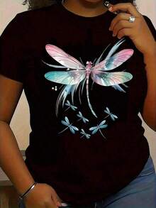 Short-Sleeve 100% Cotton T-Shirt With A Printed Dragonfly Design. Casual Wear For Women And Teens, Available In Various Sizes In Black. Ideal For Everyday Wear. Fashionable And Stylish Printed T-Shirt. Comfortable And Modern. 100% Cotton - 黑色 - 查看 6