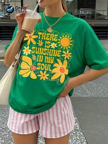 Camiseta de verano premium para mujer con estampado de girasoles, texto inspirador, estilo dopamina en amarillo cálido, 100% algodón, estilo casual de vacaciones de verano, cuello redondo y manga corta. - Verde - Ver 12