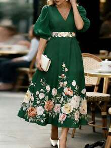Vestido elegante de mujer con cuello en V, mangas abullonadas y estampado floral - Verde - Ver 5