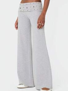 Women's Wide Leg Pants Elastic Waist Loose Casual Metallic Studs Decor Fashion Lounge Trousers - Gris - Ver 3