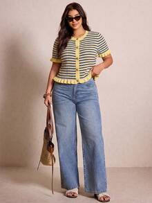 Plus Size Women's Summer Striped Patchwork Round Neck Metal Button Short Sleeve Knit Top, Paired With Cute Vintage Ruffle Decor, Suitable For Daily Dates And Photo Shoots. Striped Knit Top, Yellow Striped Knit Sweater, Summer Outfit, Multi-Color Striped Knit - Multicolor - View 2