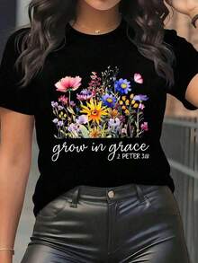 Conjuntos de Verano para Mujer   Camiseta Negra con Estampado Floral para Mujer - Diseño Vibrante con Flores Coloridas en Rosa, Amarillo, Azul y Morado, con la Frase 'Crece en Gracia' y un Versículo Bíblico 2 DE PEDRO 3:18 |     Perfecto para salidas informales y actividades al aire libre, elegante y llamativo, una sola prenda de vestir. Conjunto para Concierto Country 2026 - Camiseta de manga corta con cuello redondo, estilo vintage urbano, unisex, holgada, 100% algodón puro. - Negro - Ver 7