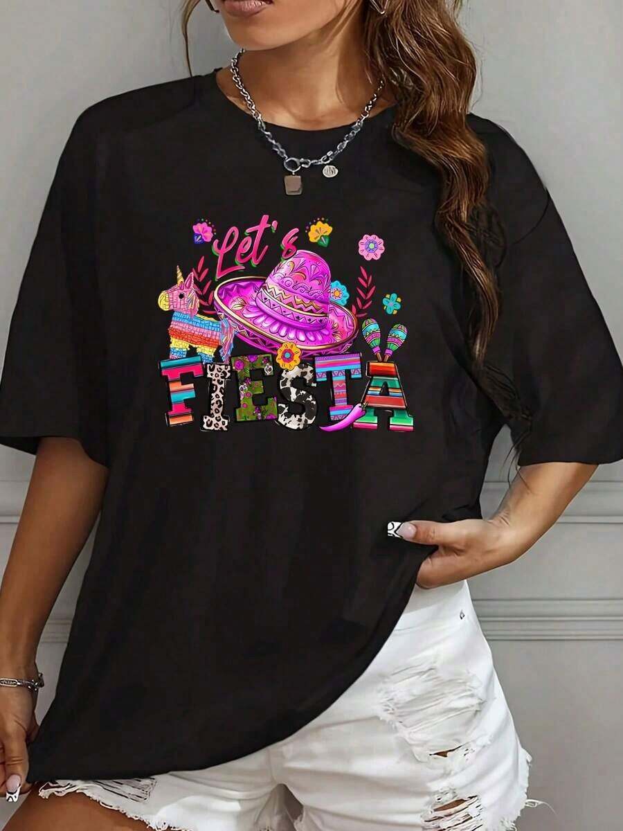 Women's T-Shirt With Mexican Themed Hat And Flower Design Let's Fiesta For Casual Parties And Cinco De Mayo Celebrations - 黑色 - 查看 1