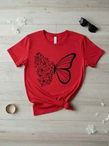 Women's Casual Style T-Shirt, Fashionable Butterfly And Floral Print, Soft Fabric, Loose Fit, Crew Neck, Short Sleeves, Spring/Summer Everyday Wear, Butterfly T-Shirt, Floral, Chic-Vintage Street Style Unisexoose Cotton Short Sleeve Crew Neck T-Shirt - 紅色的 - 查看 3