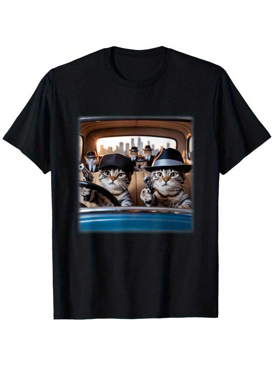 Una camiseta de mujer de manga corta, holgada, moderna, retro y elegante, adecuada para actividades al aire libre en primavera y verano, con un estampado gráfico de un gato gangster en un coche.|La camiseta Meowfia Criminal Cat Street Style, con estampados de interiores de coches vintage, 180 g/m², corte regular, cuello redondo casual, diseño divertido, tela transpirable, camiseta estampada.blusas para mujer,blusas casuales para dama,tops,, mujer premium,y2k,playeras de mujer curvy,ofertas y liquidaciones ropa mujer,playeras deportivas para mujer,,playeras de hombre, mujer,blusas>elegante JJIT - Negro - Ver 1