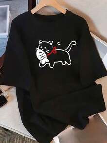 Camiseta blanca casual para mujer, de corte holgado, con un diseño de un gato selfie de dibujos animados. Esta camiseta de manga corta y cuello redondo es lavable a máquina, elegante y adecuada para el uso diario, hecha de un tejido suave y duradero. - Negro - Ver 1