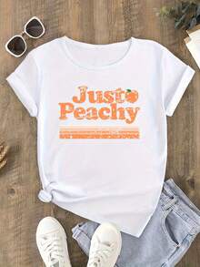 1 Women's Vintage T-Shirt "Just Peachy" - White Short Sleeve Blouse With Bright Orange Slogan And Peach Fruit Print, Casual Summer T-Shirt, Suitable For Daily Wear, Soft And Breathable (Design With "Just Peachy" Logo), 180g, 100% Cotton. - 白色 - 查看 5