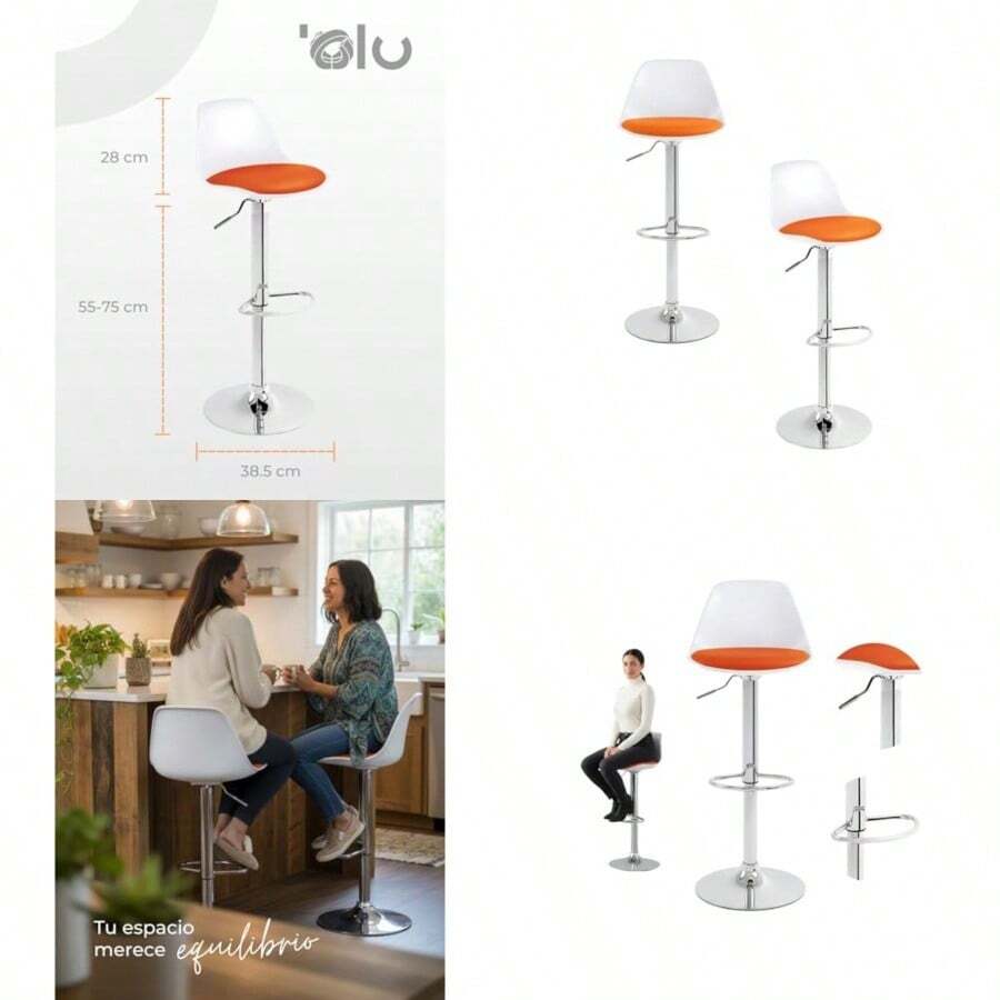 olu Sillas Altas para Barra y Comedor Sillas Giratorias 360° con Respaldo y Asiento Tipo Vino Piel Ajustables en Altura para Oficina y Hogar Blancas y Negras Naranja - Naranja - Ver 1