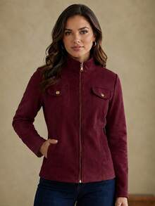 Slim Fit Jacket In Fleece Fabric, Wool Style, Faux Pockets, Winter Fashion, Party, São João (Saint John's Day), Office, Day-To-Night, , Premium, Blogger. - Màu Đỏ Sâu - Xem 3