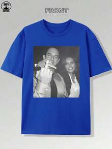Men's Portrait Print T-Shirt, Casual Sports Top, Crew Neck, Short Sleeve, 100% Cotton - Comfortable And Breathable, Versatile For Casual Wear, Y2k Style, Suitable For All Seasons - 藍色 - 查看 1