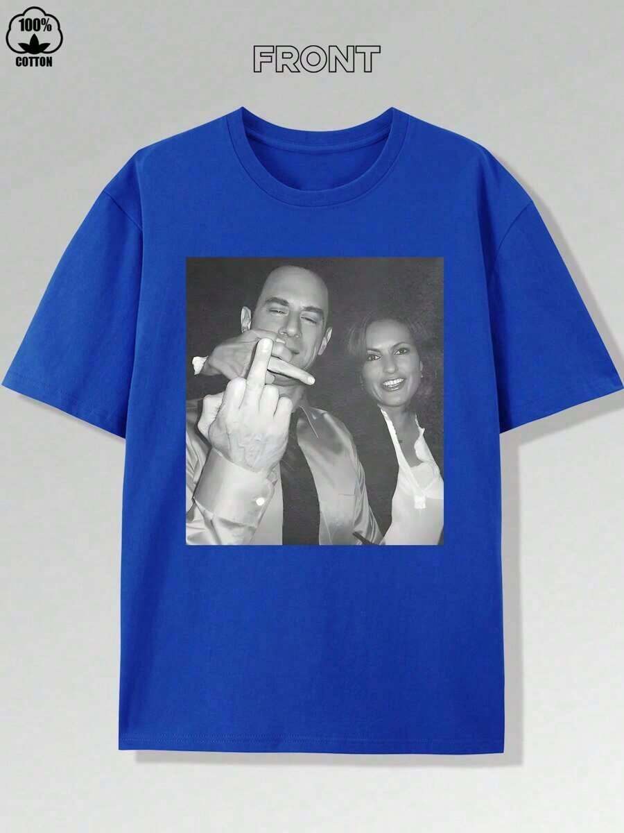 Men's Portrait Print T-Shirt, Casual Sports Top, Crew Neck, Short Sleeve, 100% Cotton - Comfortable And Breathable, Versatile For Casual Wear, Y2k Style, Suitable For All Seasons - 藍色 - 查看 1