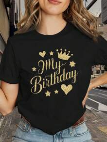 Women's Short-Sleeved T-Shirt, Comfortable And Stylish, With Custom Print "My Birthday Golden Glitter Design", Ideal For Best Friends, Loose, Casual, Fashionable, Versatile, Comfortable And Pleasant To The Touch, Round Neck T-Shirt For Women. - 黑色 - 查看 1