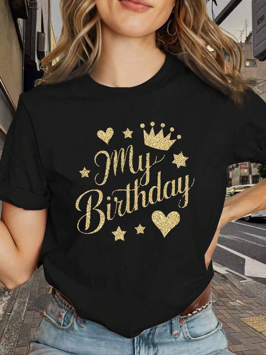 Women's Short-Sleeved T-Shirt, Comfortable And Stylish, With Custom Print "My Birthday Golden Glitter Design", Ideal For Best Friends, Loose, Casual, Fashionable, Versatile, Comfortable And Pleasant To The Touch, Round Neck T-Shirt For Women. - 黑色 - 查看 1